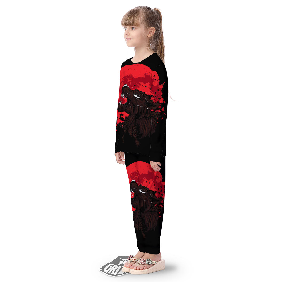 Howling Wolf Red Moon Print Kid's Pajamas-grizzshop