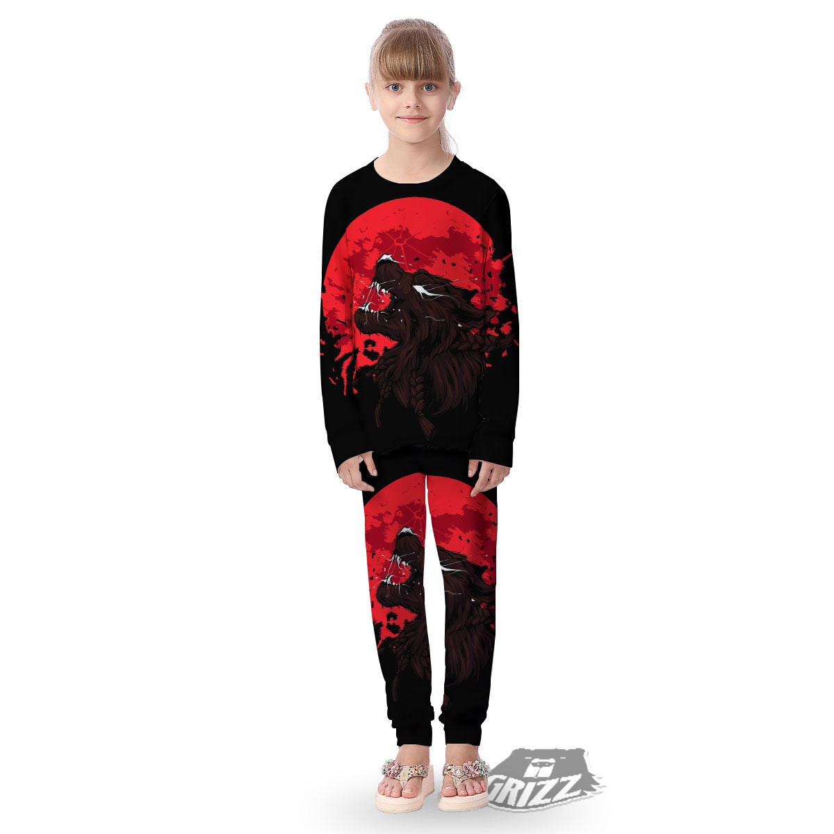 Howling Wolf Red Moon Print Kid's Pajamas-grizzshop