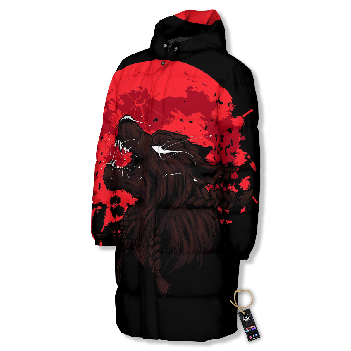 Howling Wolf Red Moon Print Long Down Jacket-grizzshop