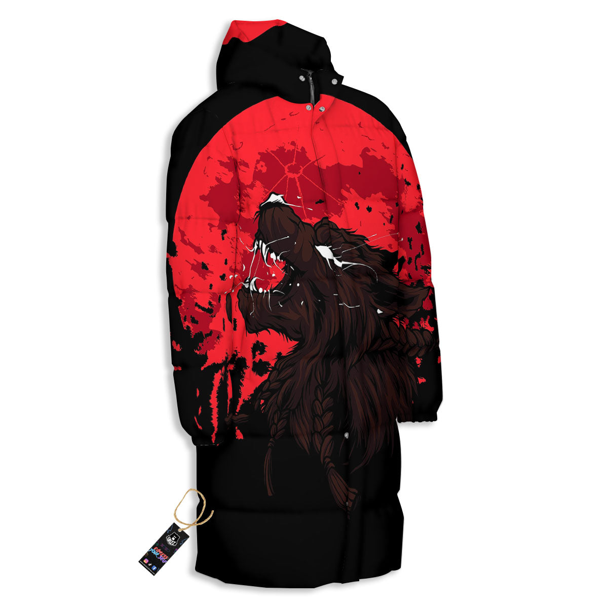 Howling Wolf Red Moon Print Long Down Jacket-grizzshop