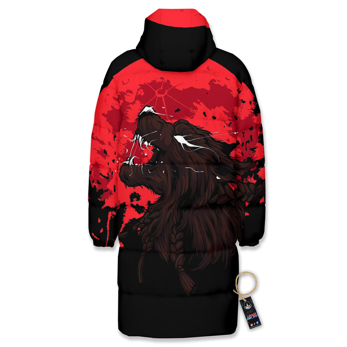 Howling Wolf Red Moon Print Long Down Jacket-grizzshop