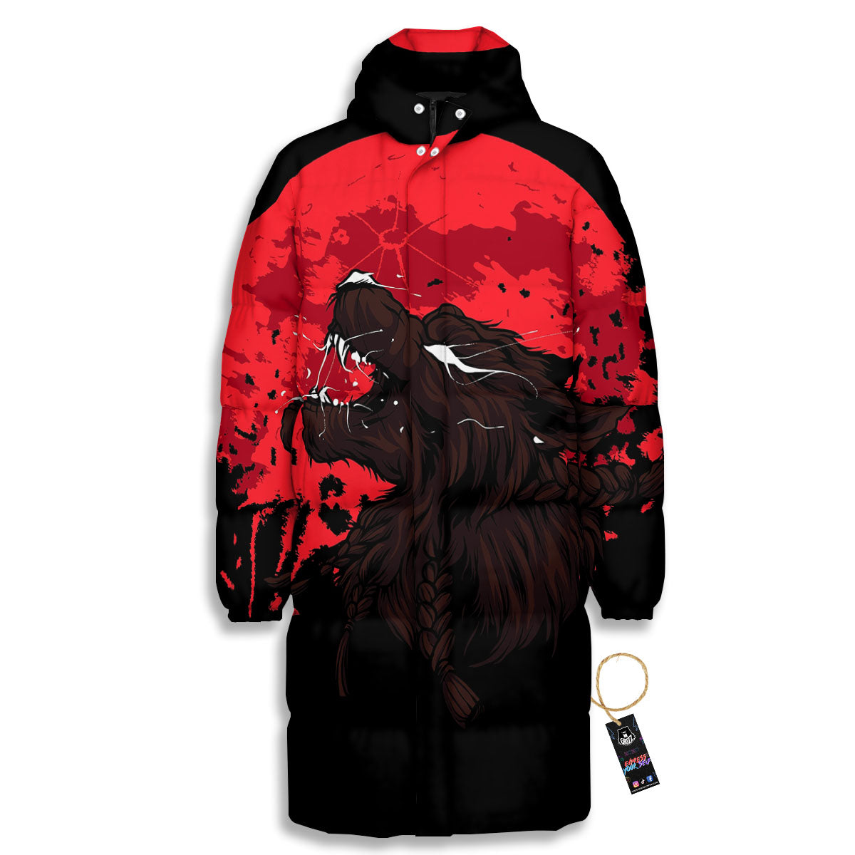Howling Wolf Red Moon Print Long Down Jacket-grizzshop