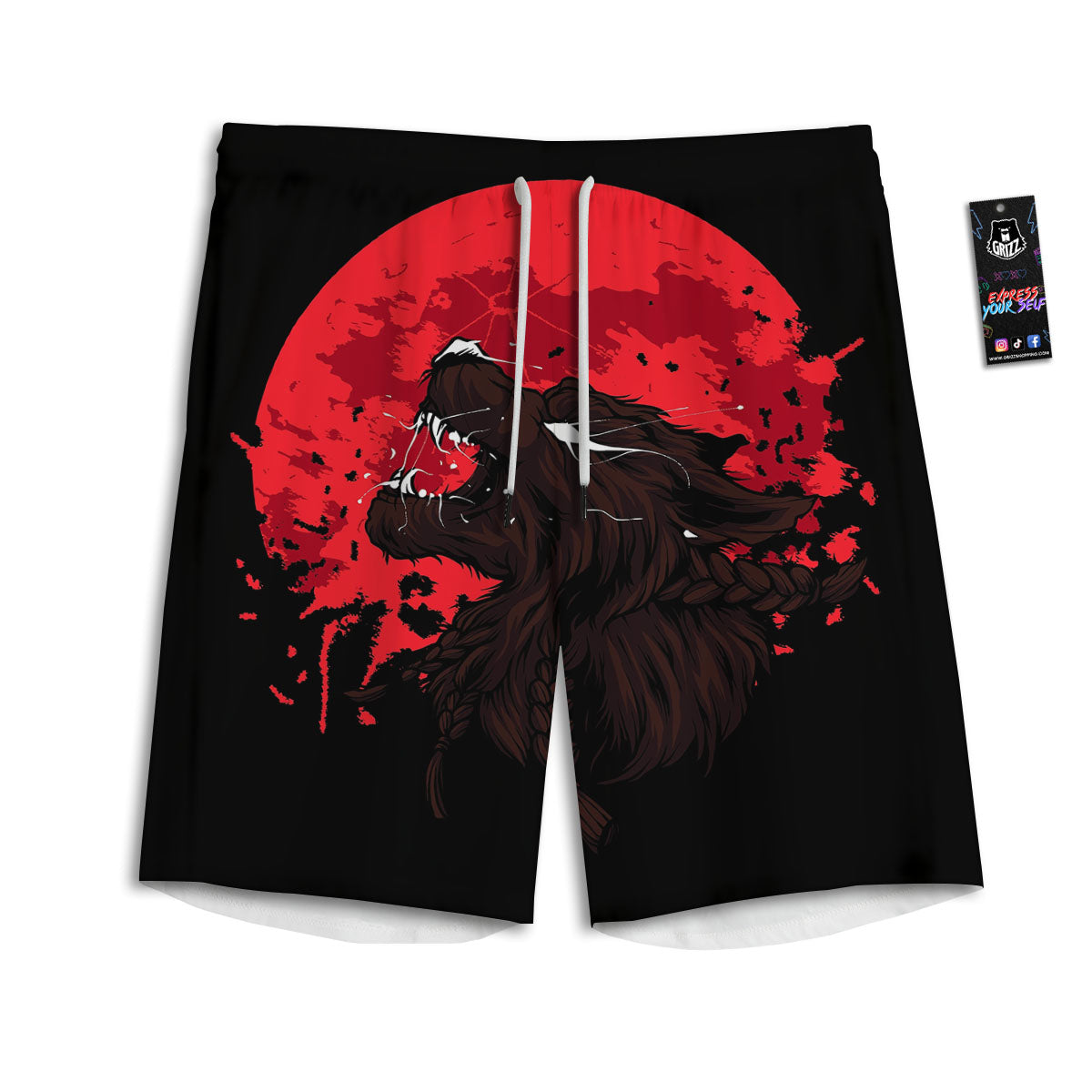 Howling Wolf Red Moon Print Men's Athletic Shorts
