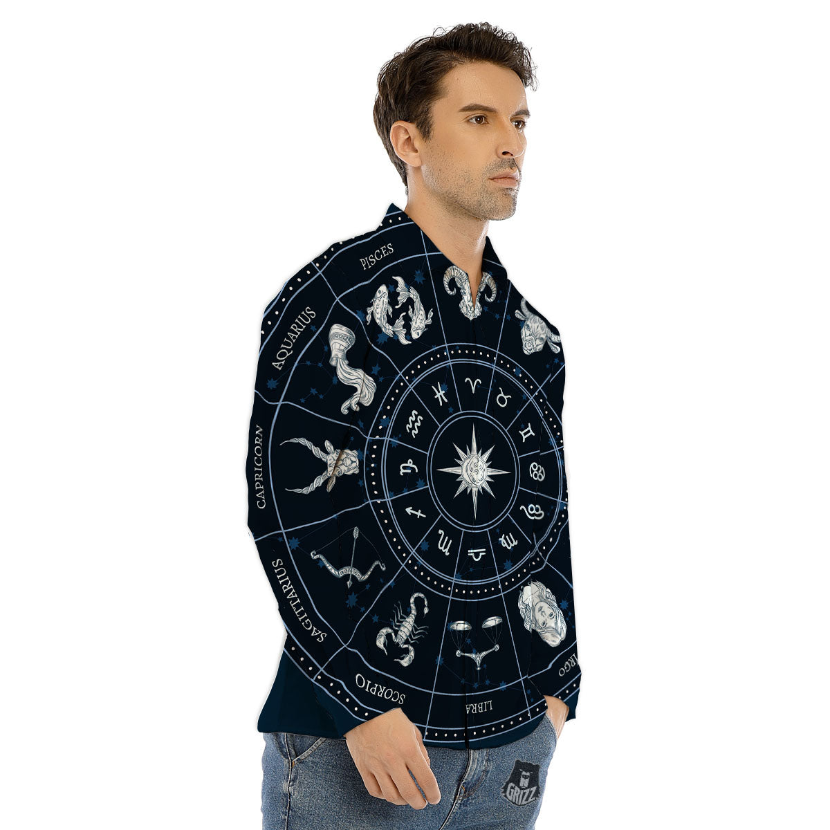 Howling Wolf Red Moon Print Men's Dress Shirts-grizzshop