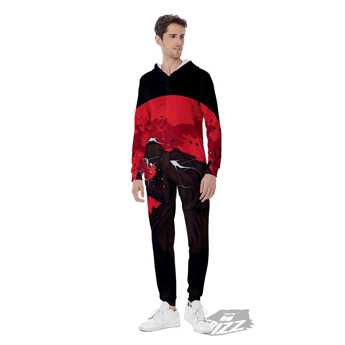 Howling Wolf Red Moon Print Men's Jumpsuit-grizzshop