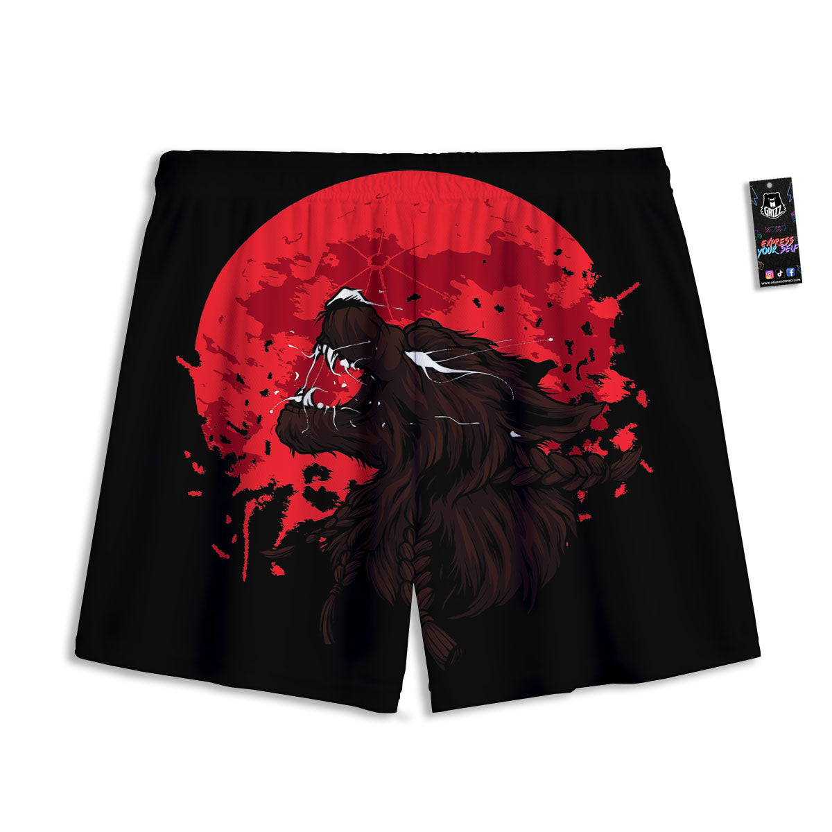 Howling Wolf Red Moon Print Mesh Shorts