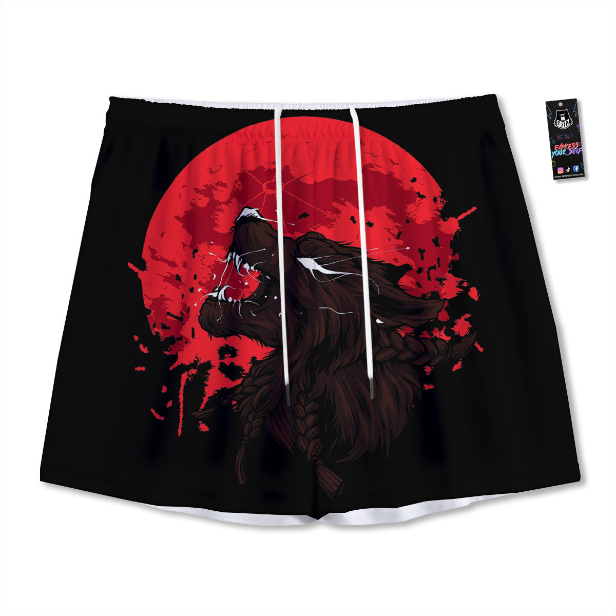 Howling Wolf Red Moon Print Mesh Shorts