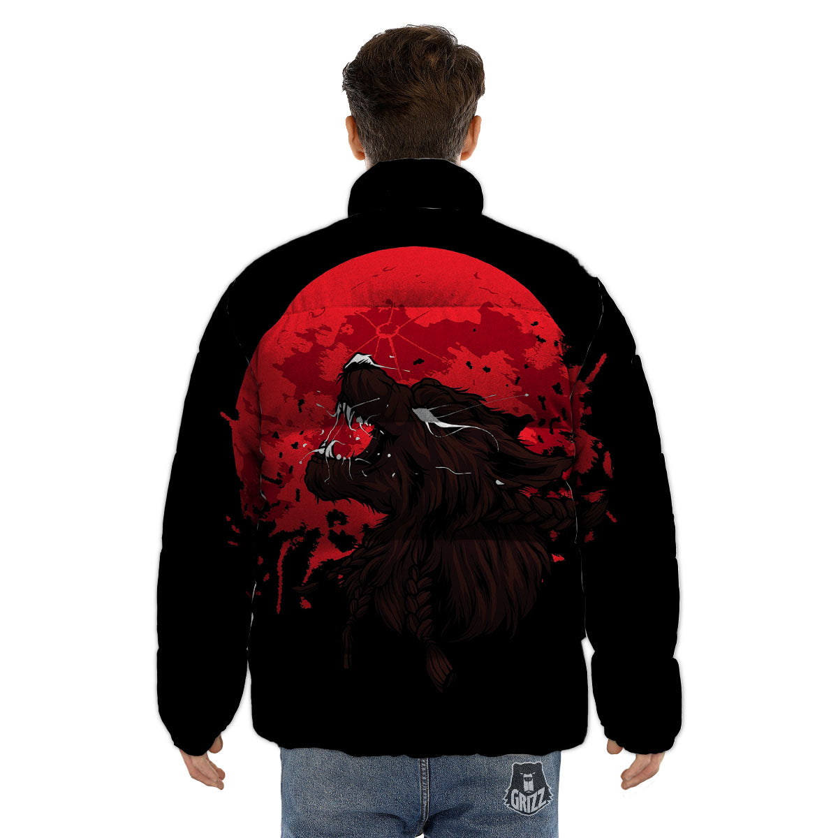 Howling Wolf Red Moon Print Puffer Jacket-grizzshop