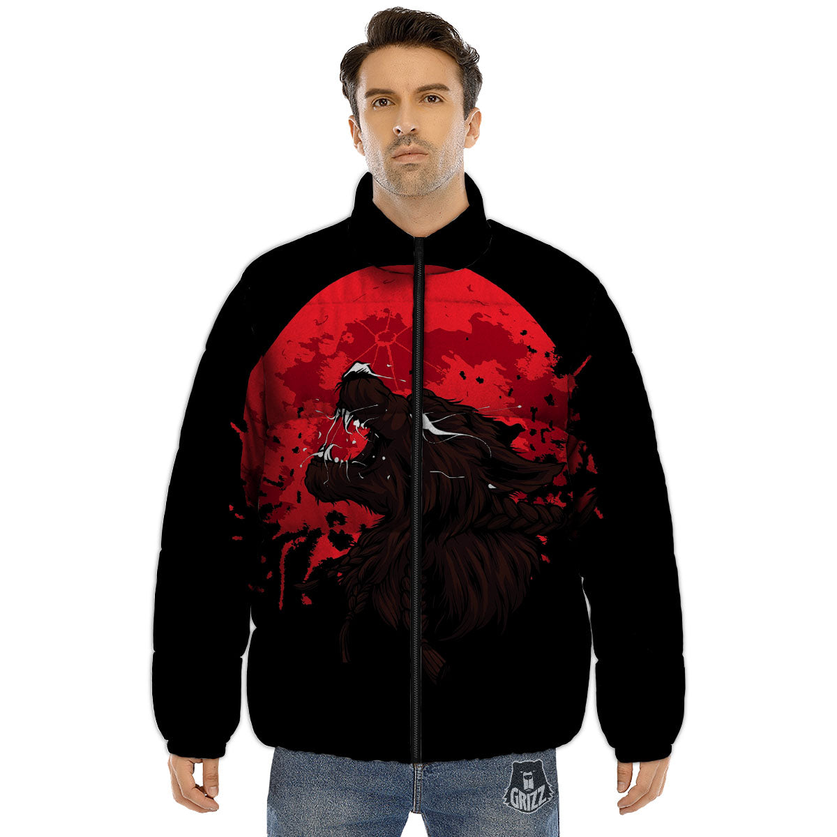 Howling Wolf Red Moon Print Puffer Jacket-grizzshop