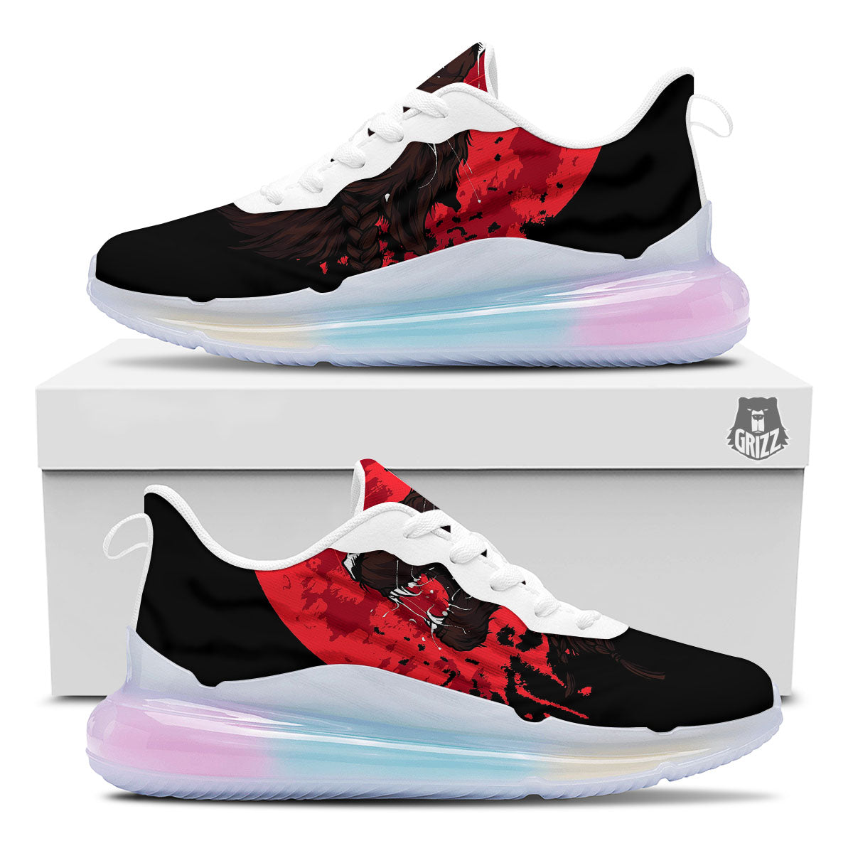 Howling Wolf Red Moon Print Running Sneakers-grizzshop