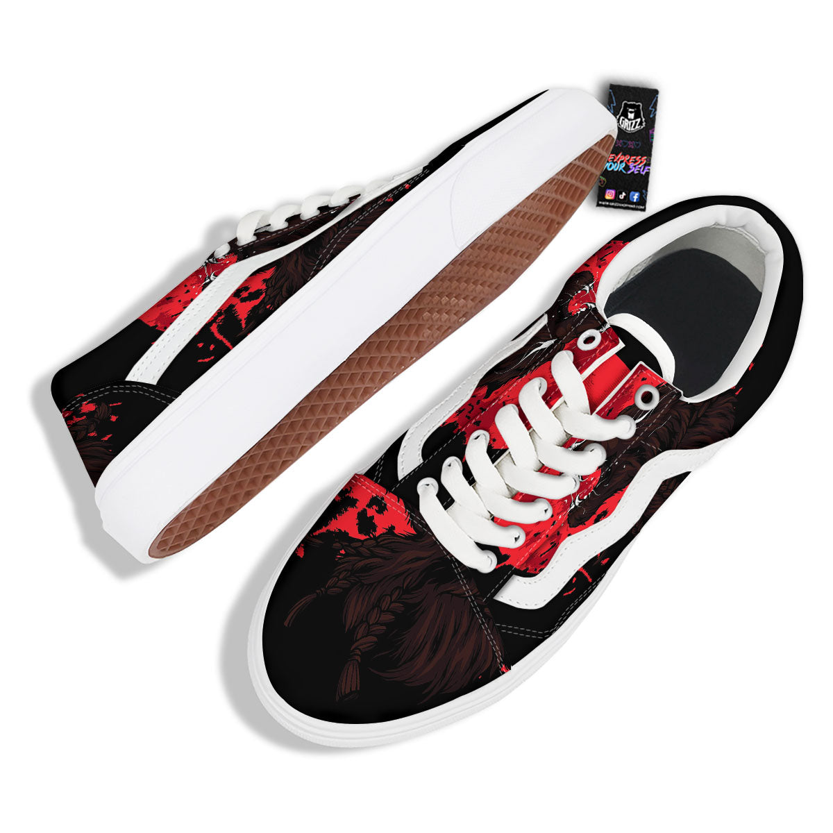 Howling Wolf Red Moon Print Skate Shoes-grizzshop