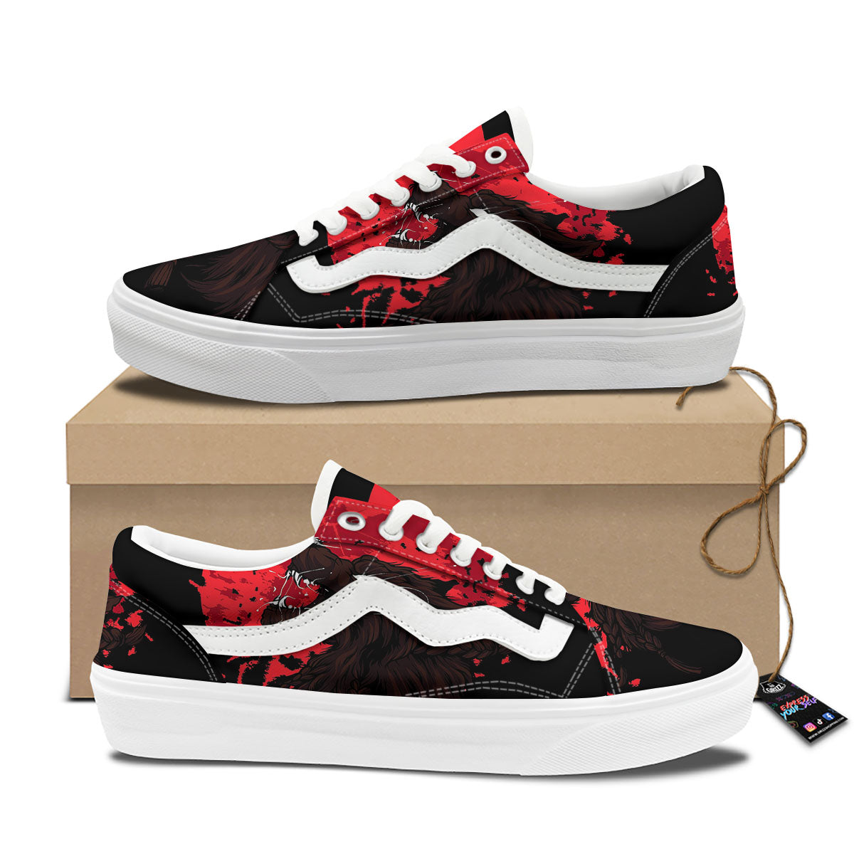 Howling Wolf Red Moon Print Skate Shoes-grizzshop
