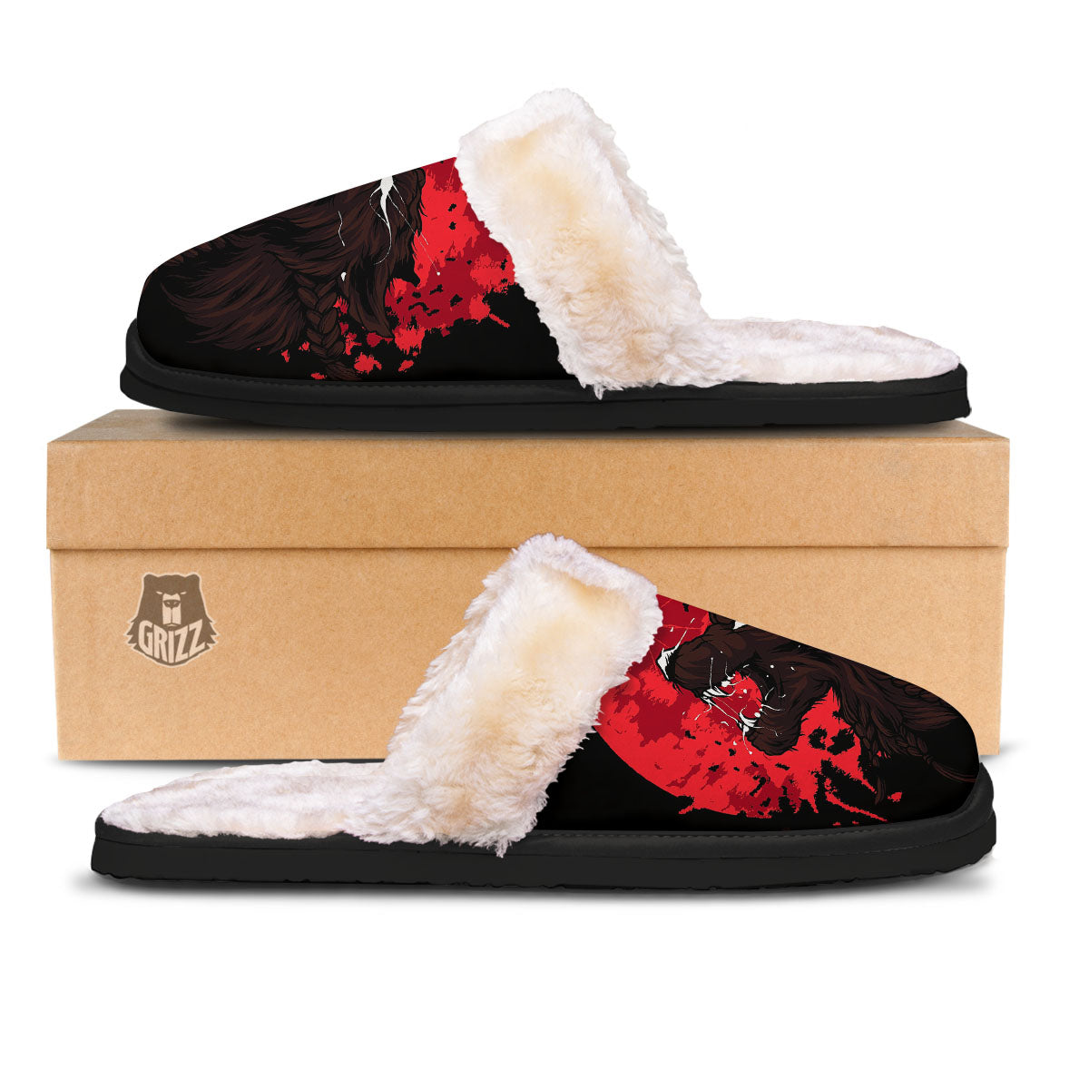 Howling Wolf Red Moon Print Slippers-grizzshop