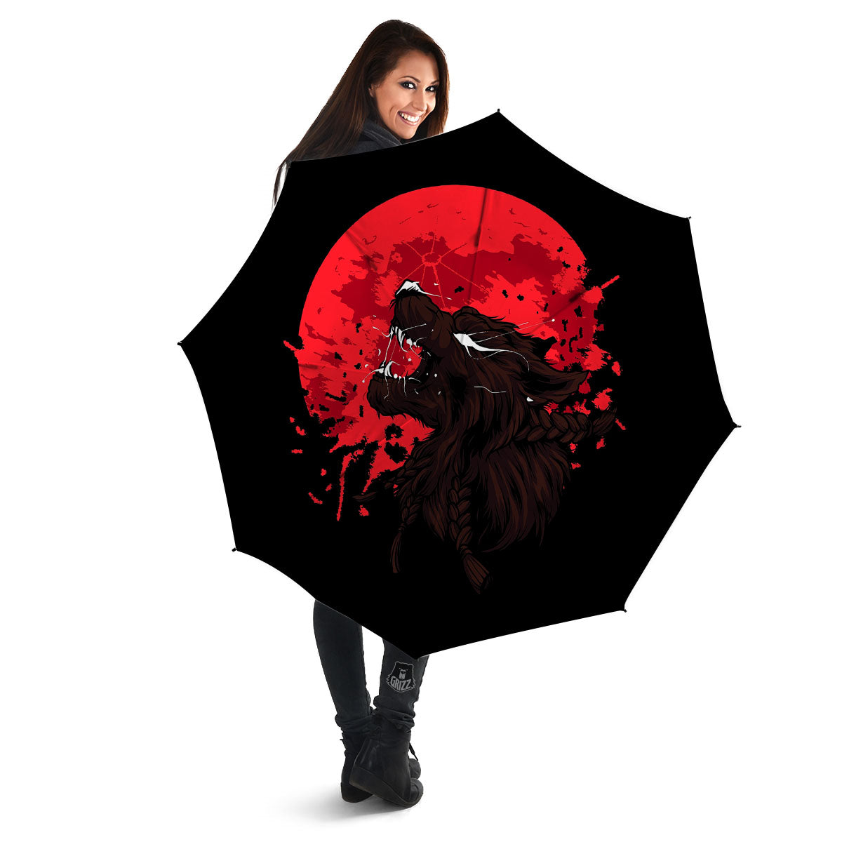 Howling Wolf Red Moon Print Umbrella-grizzshop