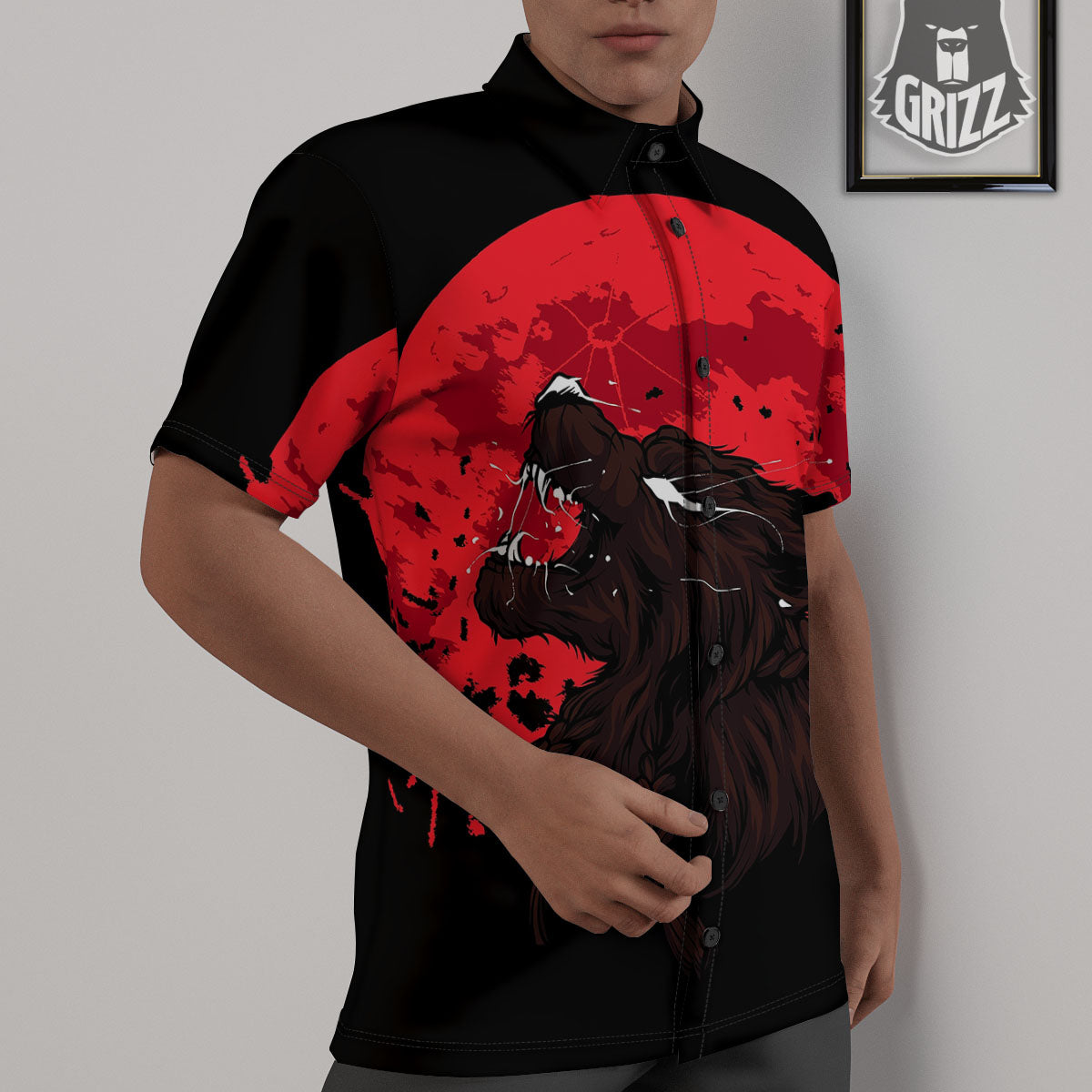 Howling Wolf Red Moon Print Untucked Shirts-grizzshop