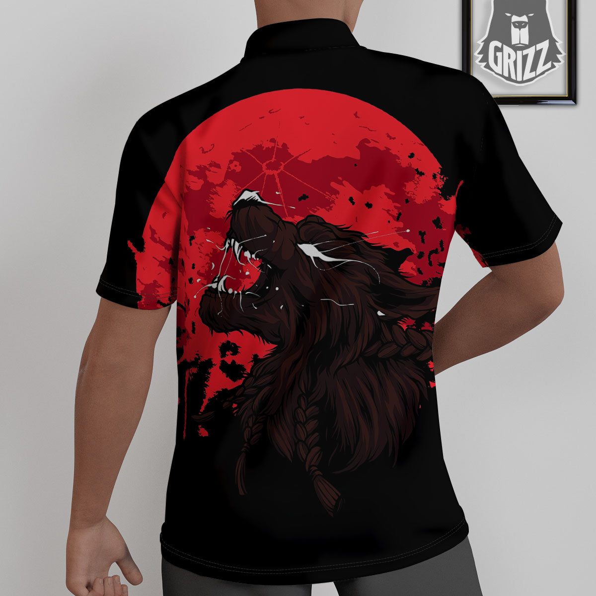 Howling Wolf Red Moon Print Untucked Shirts-grizzshop