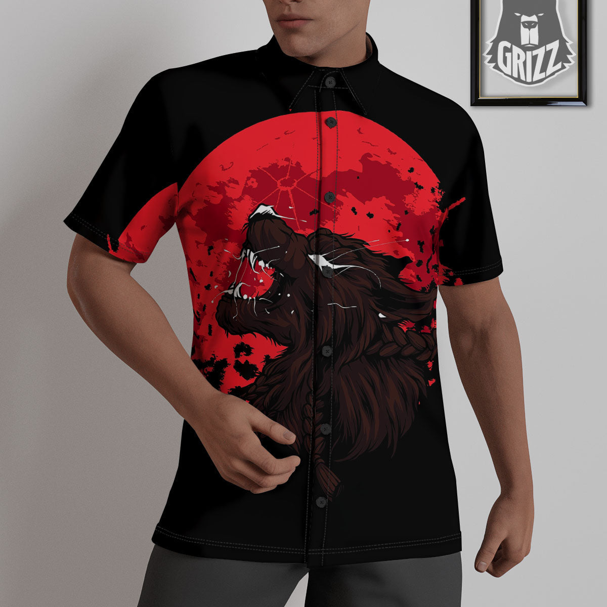 Howling Wolf Red Moon Print Untucked Shirts-grizzshop