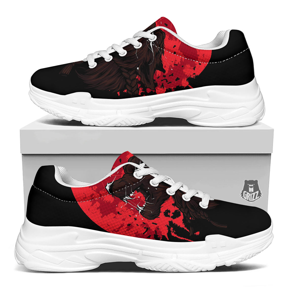 Howling Wolf Red Moon Print White Chunky Shoes-grizzshop