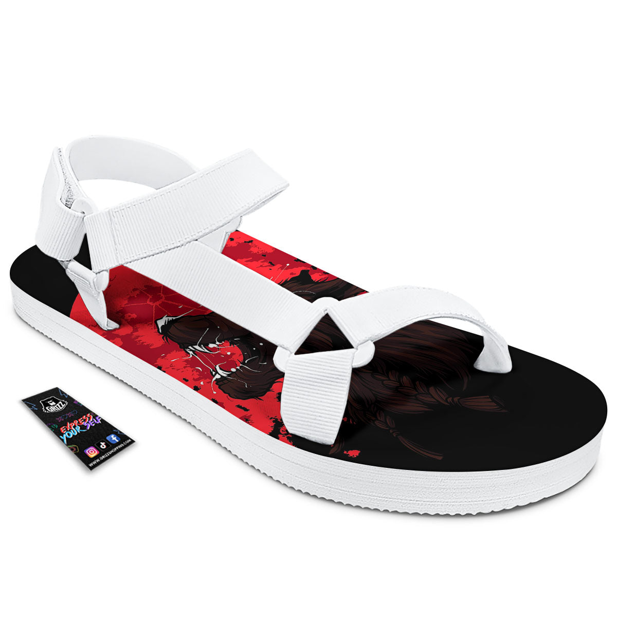 Howling Wolf Red Moon Print White Open Toe Sandals-grizzshop