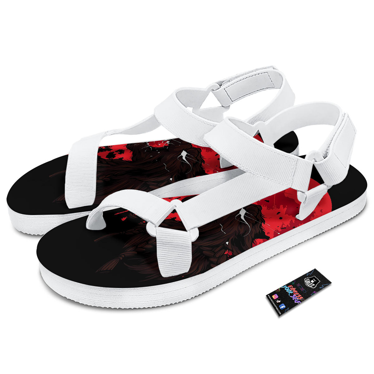 Howling Wolf Red Moon Print White Open Toe Sandals-grizzshop