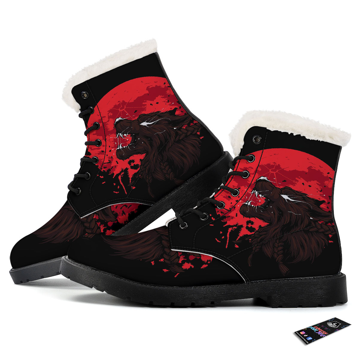 Howling Wolf Red Moon Print Winter Boots-grizzshop