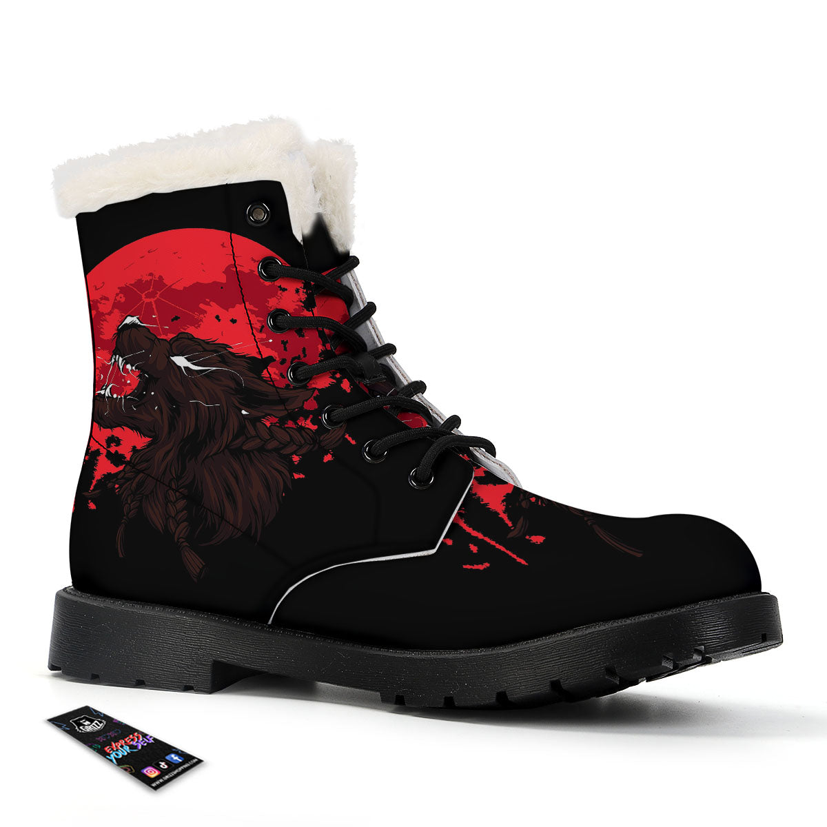 Howling Wolf Red Moon Print Winter Boots-grizzshop