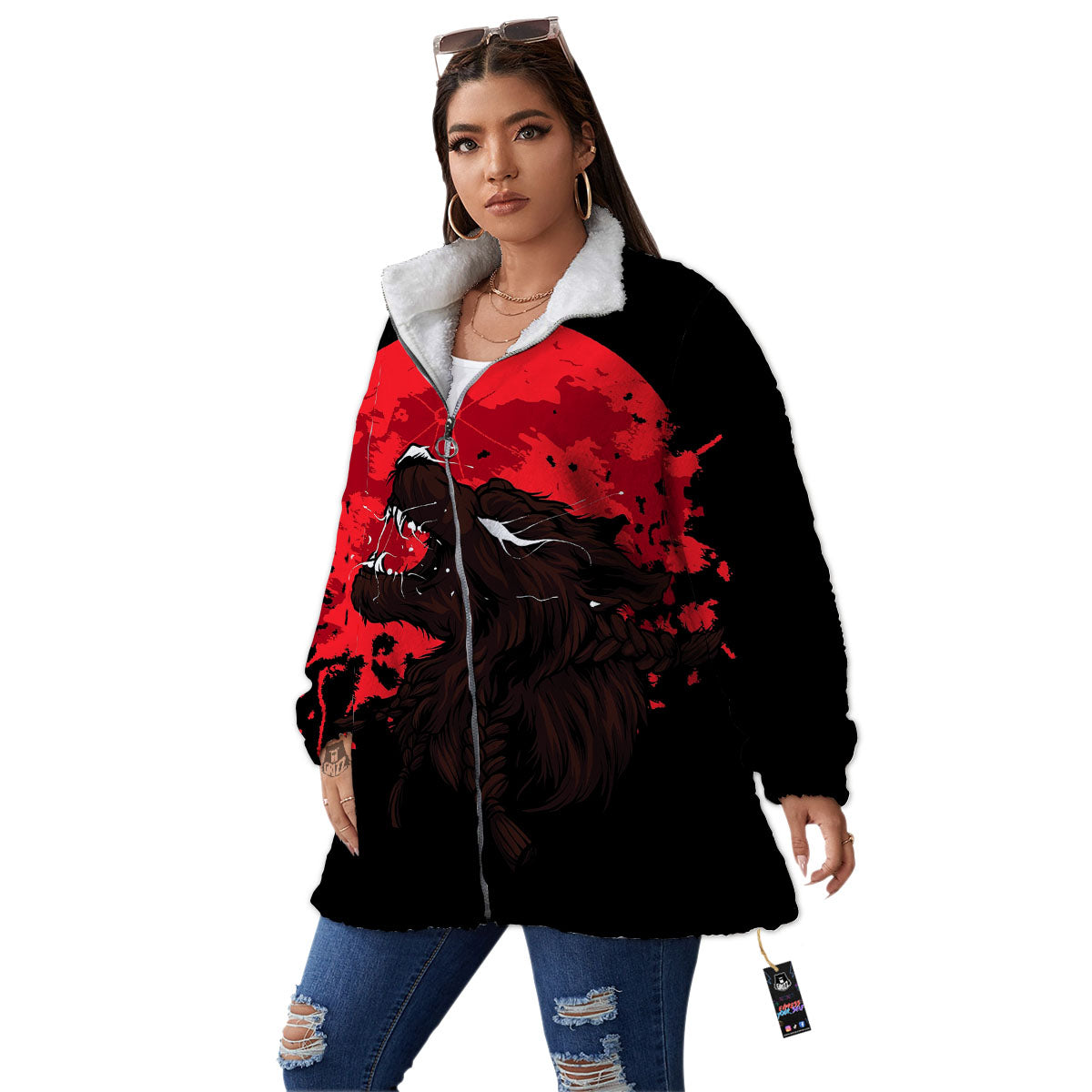 Howling Wolf Red Moon Print Women's Sherpa Jacket-grizzshop