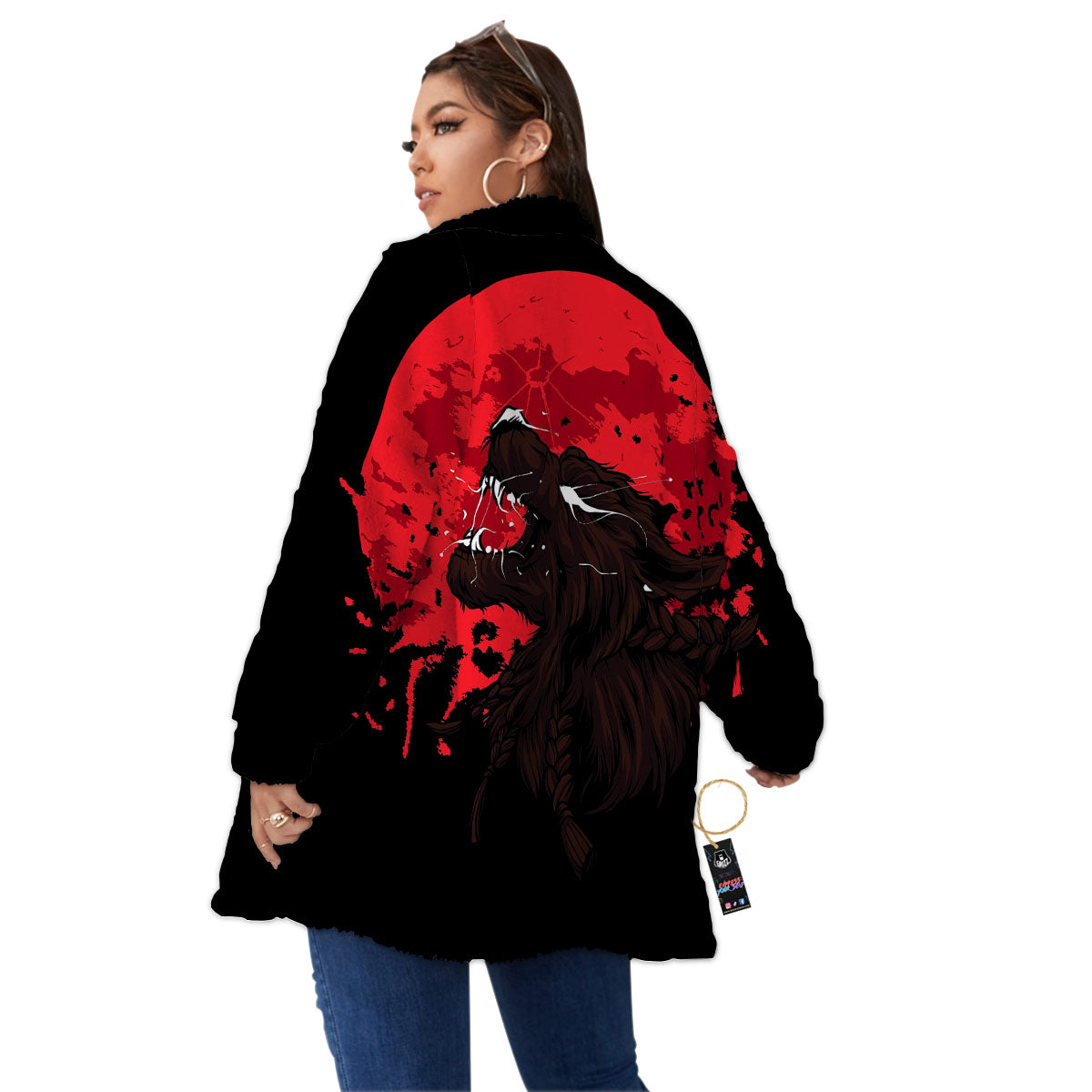 Howling Wolf Red Moon Print Women's Sherpa Jacket-grizzshop