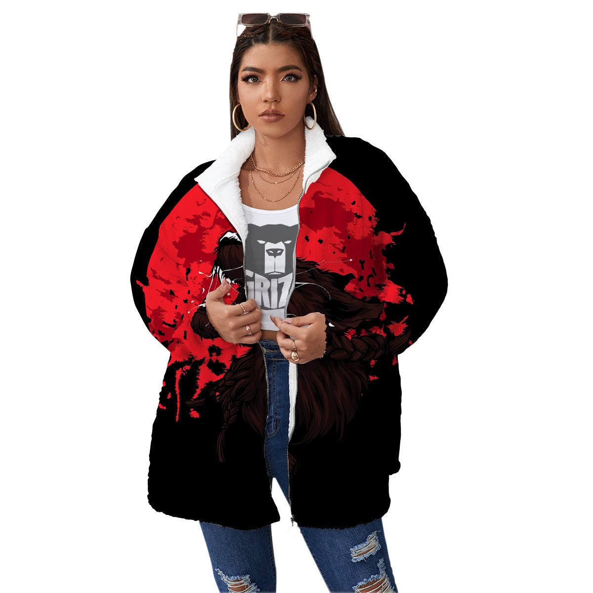 Howling Wolf Red Moon Print Women's Sherpa Jacket-grizzshop
