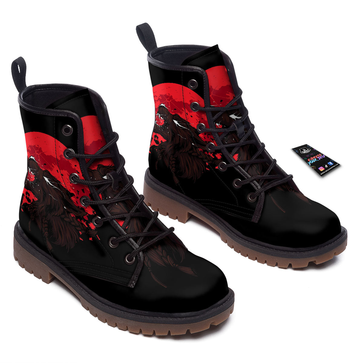 Howling Wolf Red Moon Print Work Boots-grizzshop