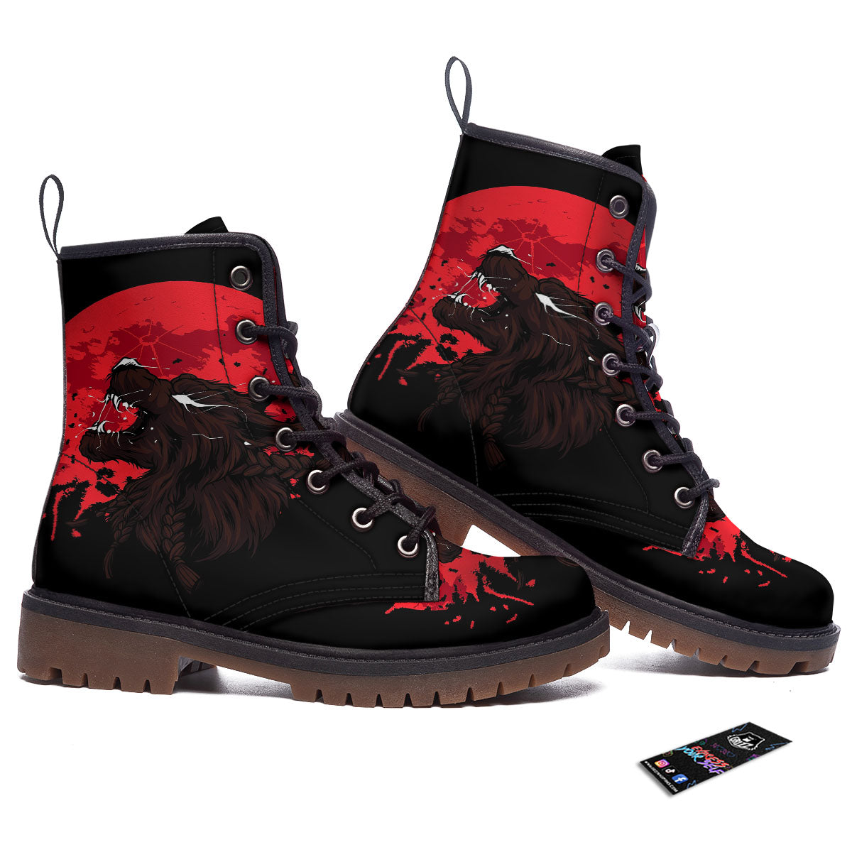 Howling Wolf Red Moon Print Work Boots-grizzshop