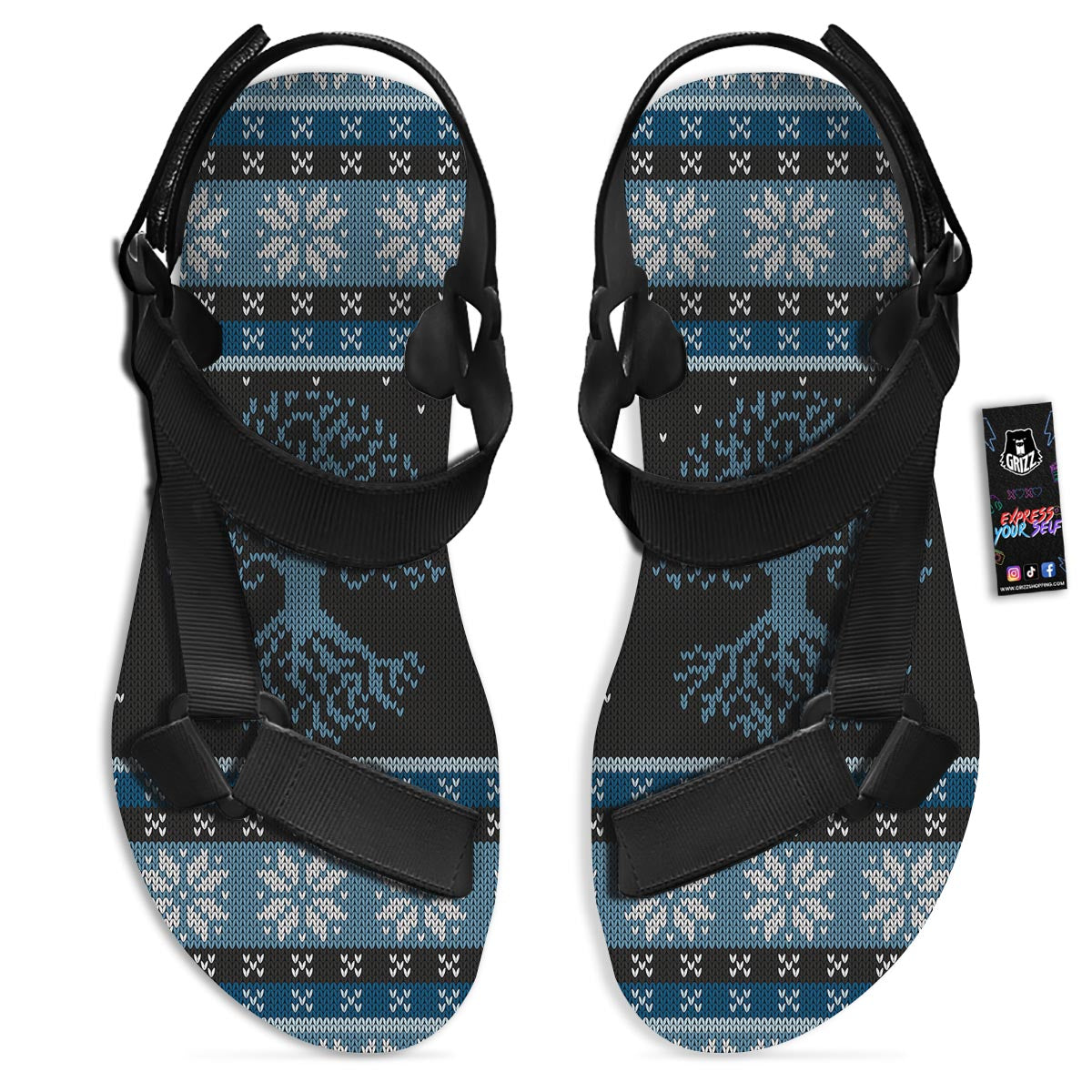Howling Wolves And Tree Of Life Print Black Open Toe Sandals-grizzshop
