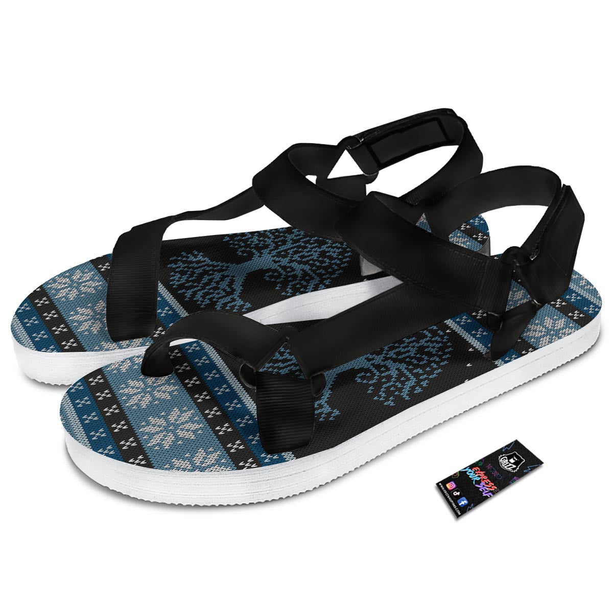 Howling Wolves And Tree Of Life Print Black Open Toe Sandals-grizzshop
