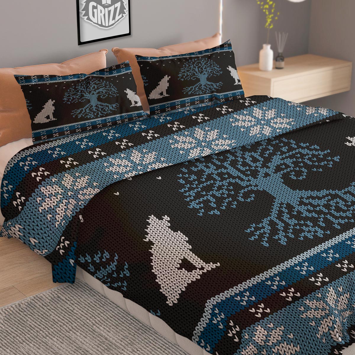 Howling Wolves And Tree Of Life Print Duvet Cover Bedding Set