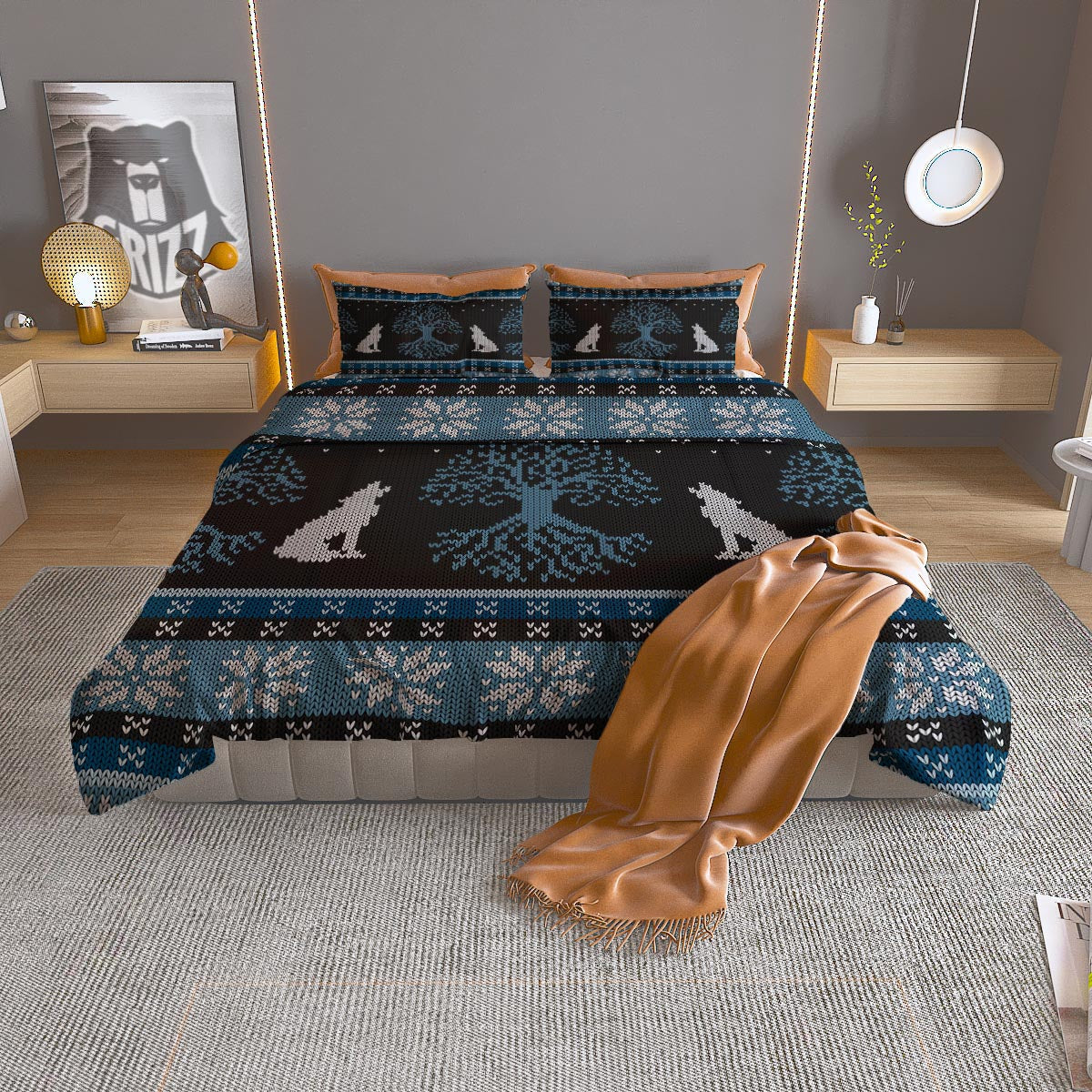 Howling Wolves And Tree Of Life Print Duvet Cover Bedding Set
