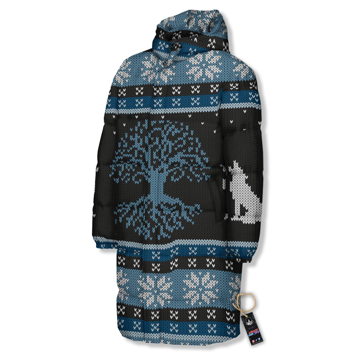 Howling Wolves And Tree Of Life Print Long Down Jacket-grizzshop