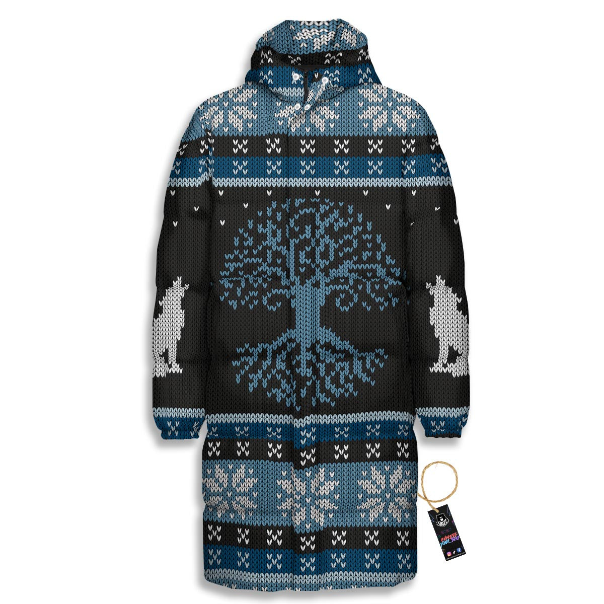 Howling Wolves And Tree Of Life Print Long Down Jacket-grizzshop
