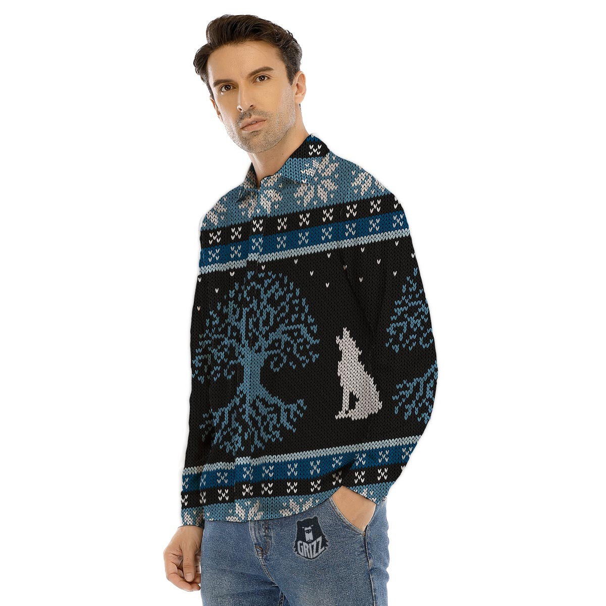 Howling Wolves And Tree Of Life Print Men's Dress Shirts-grizzshop