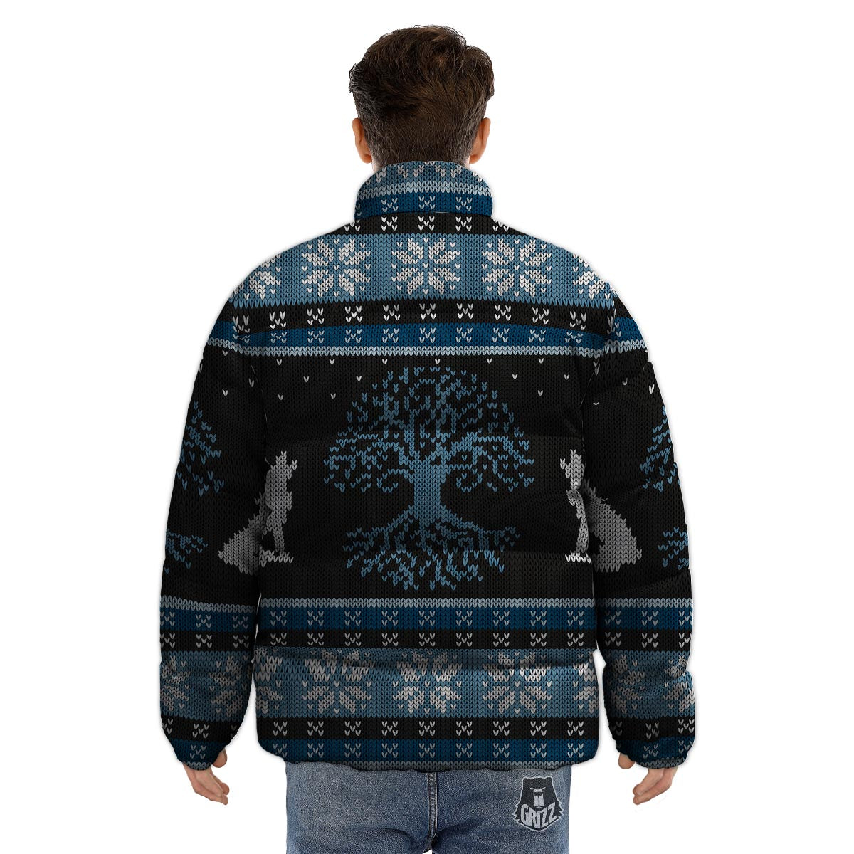 Howling Wolves And Tree Of Life Print Puffer Jacket-grizzshop