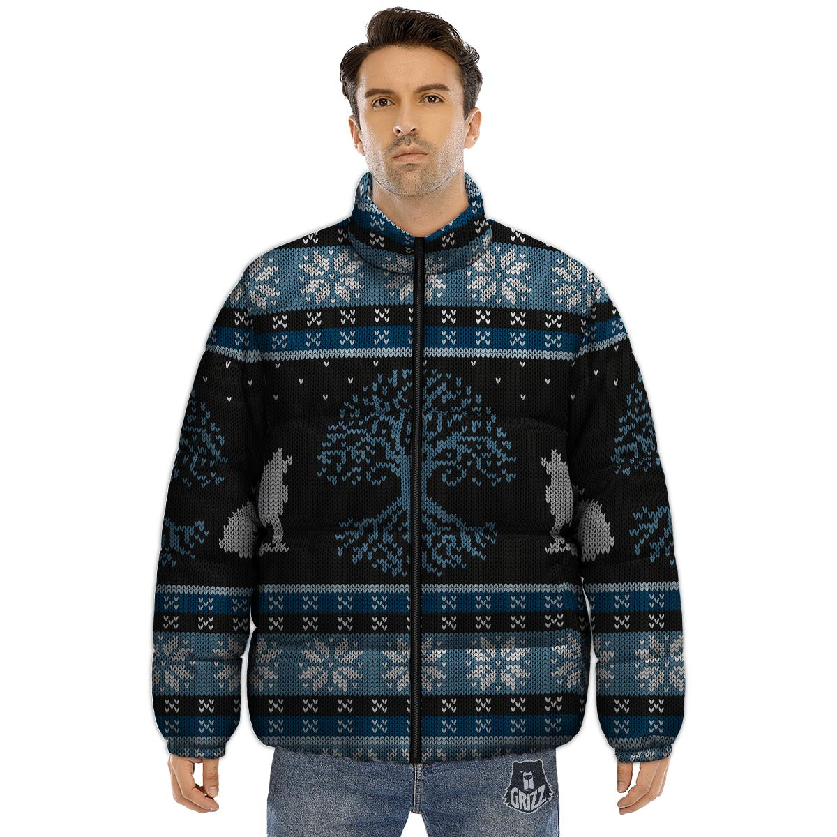 Howling Wolves And Tree Of Life Print Puffer Jacket-grizzshop