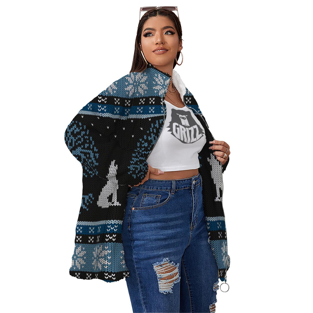 Howling Wolves And Tree Of Life Print Women's Sherpa Jacket-grizzshop