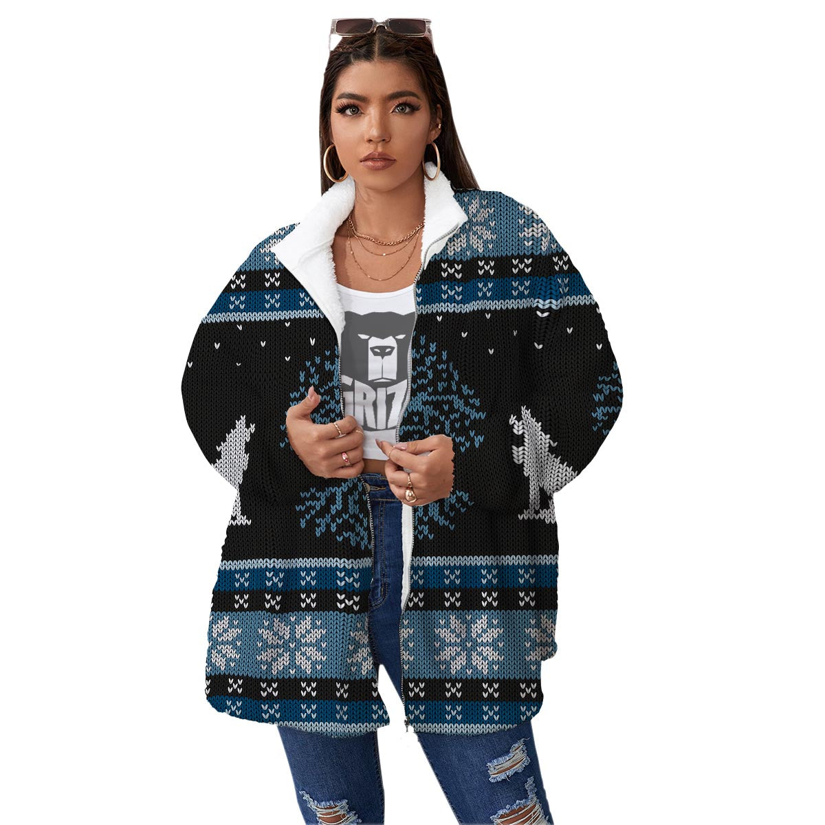 Howling Wolves And Tree Of Life Print Women's Sherpa Jacket-grizzshop