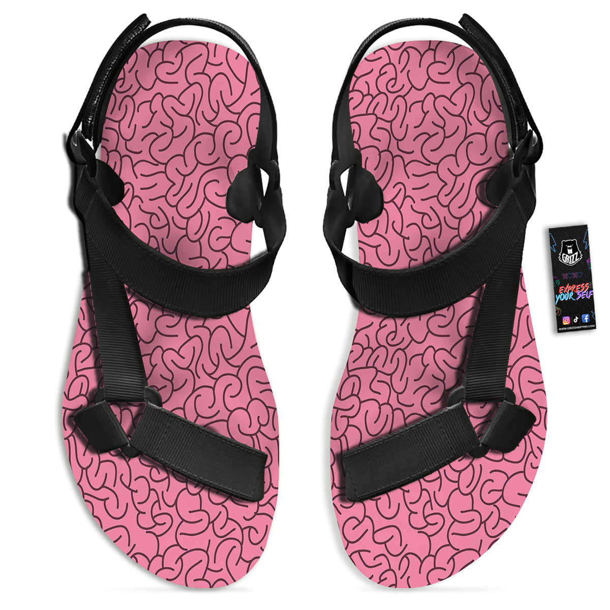Human Brain Print Pattern Black Open Toe Sandals-grizzshop