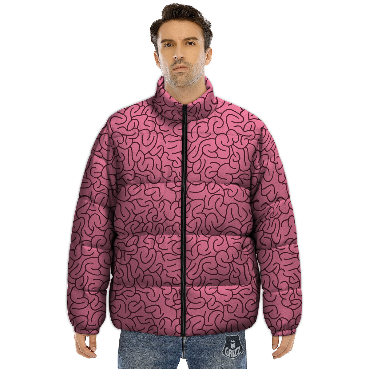 Human Brain Print Pattern Puffer Jacket-grizzshop