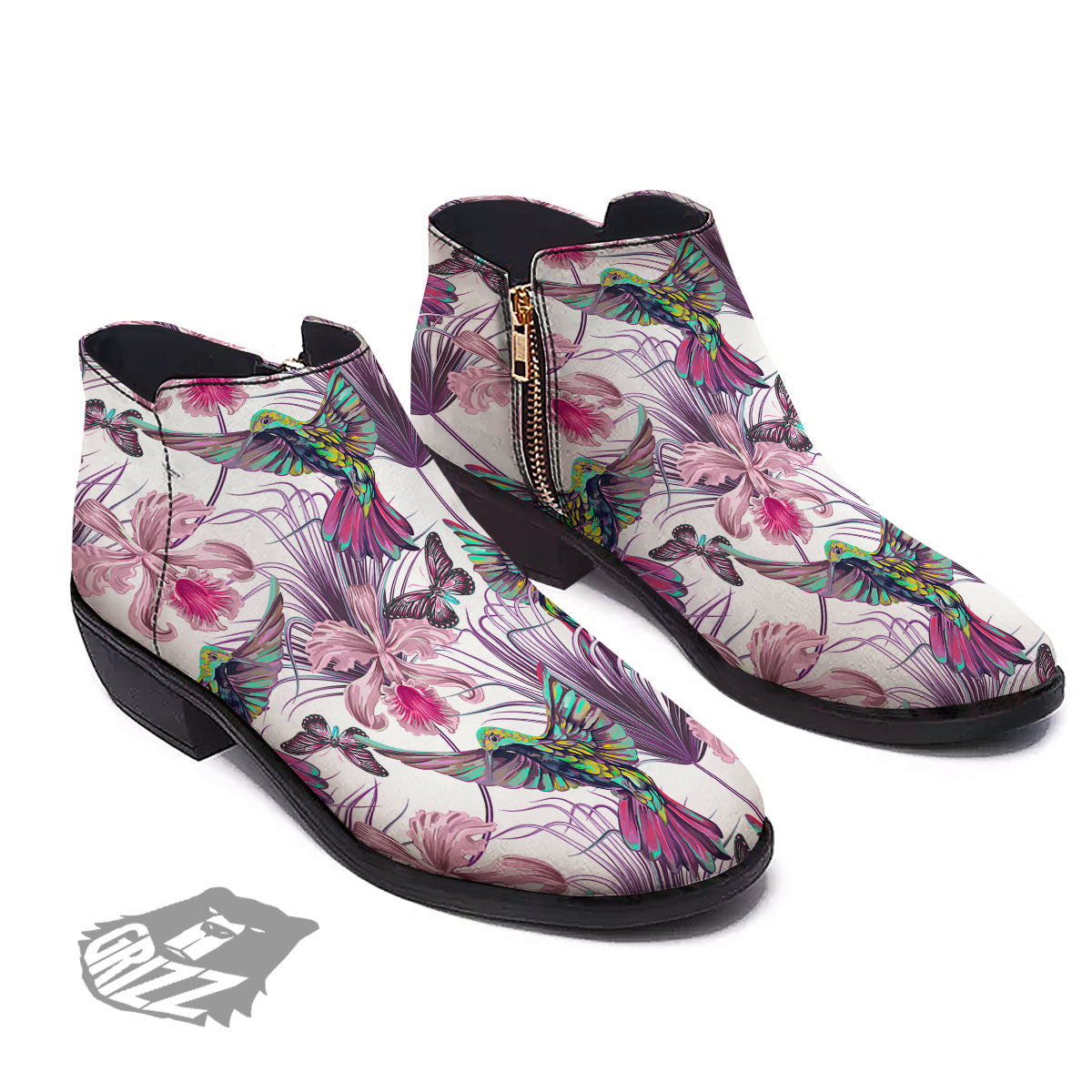 Hummingbird And Pink Flowers Print Ankle Boots-grizzshop