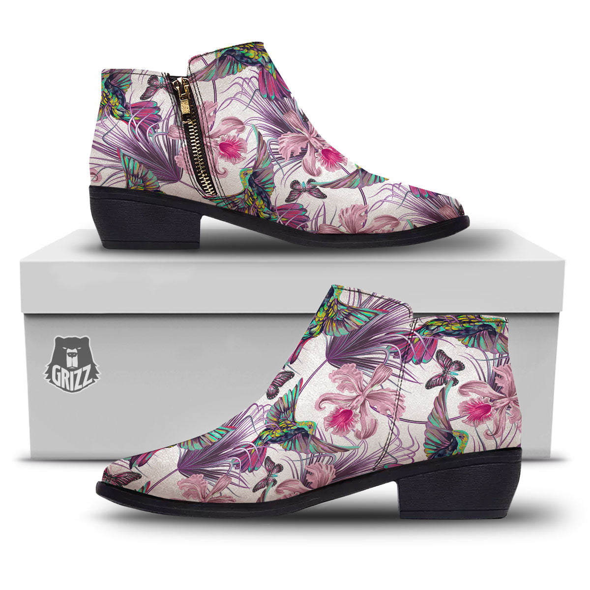 Hummingbird And Pink Flowers Print Ankle Boots-grizzshop
