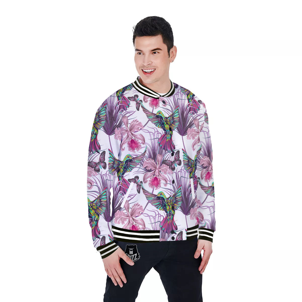 Hummingbird And Pink Flowers Print Baseball Jacket-grizzshop