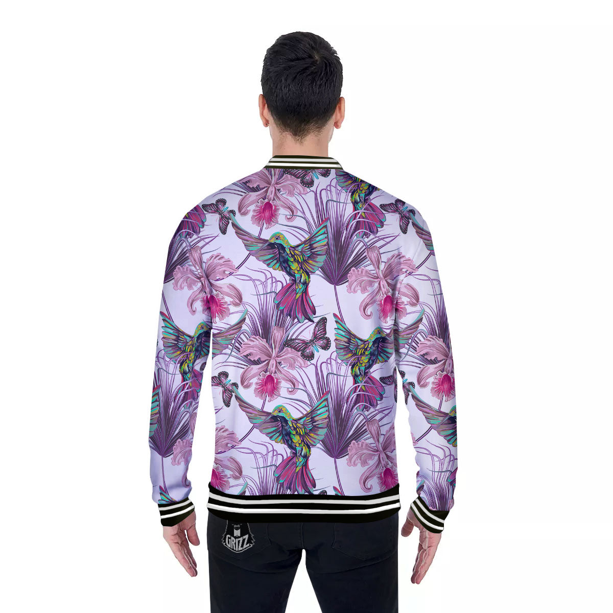 Hummingbird And Pink Flowers Print Baseball Jacket-grizzshop