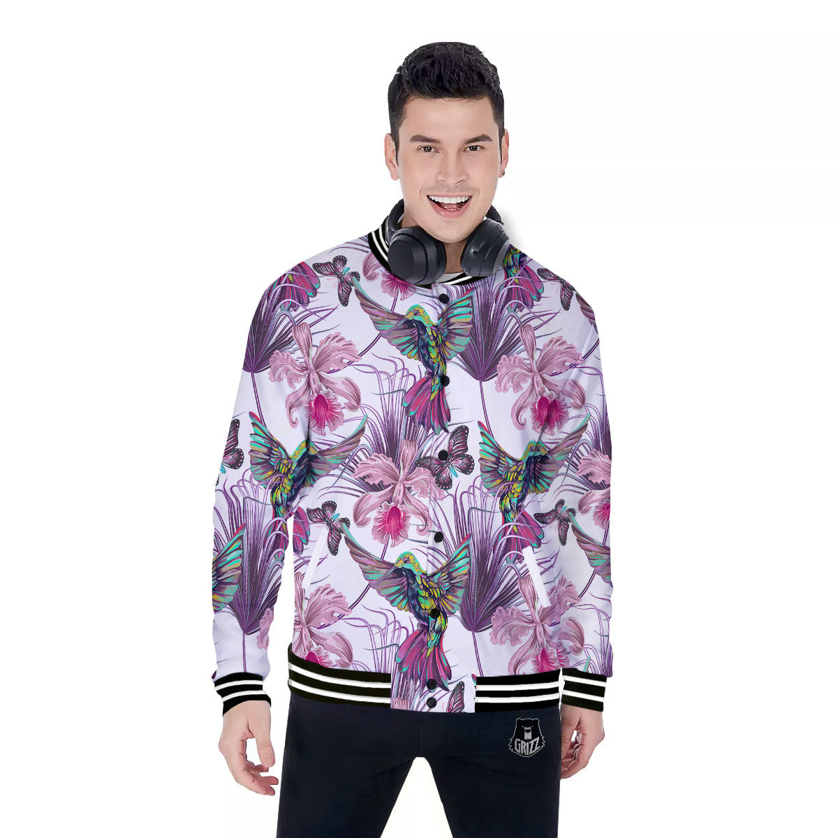 Hummingbird And Pink Flowers Print Baseball Jacket-grizzshop
