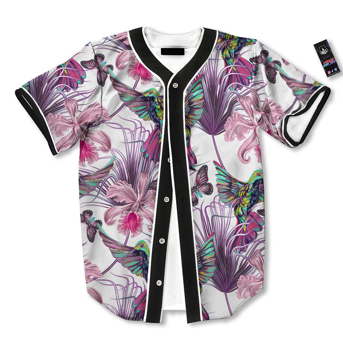 Hummingbird And Pink Flowers Print Baseball Jersey-grizzshop